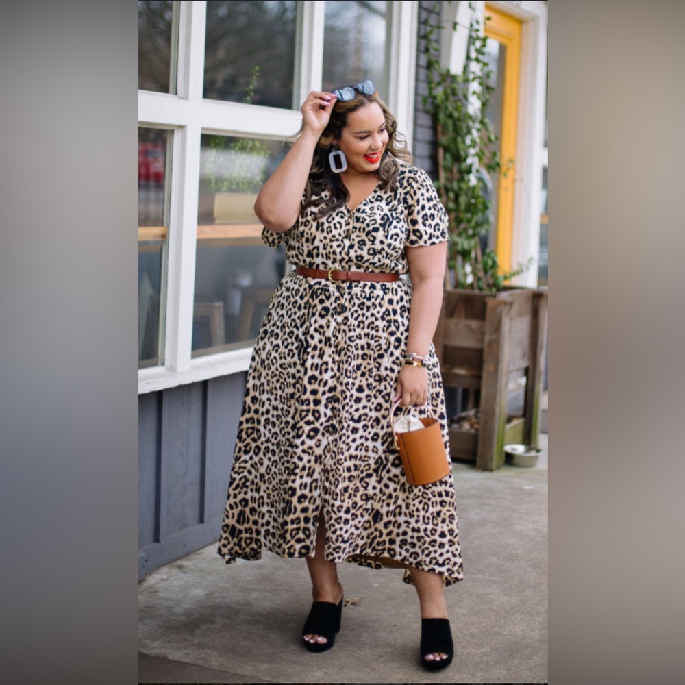 Classic Leopard Print Midi Dress - Beige/Black (belt not included)